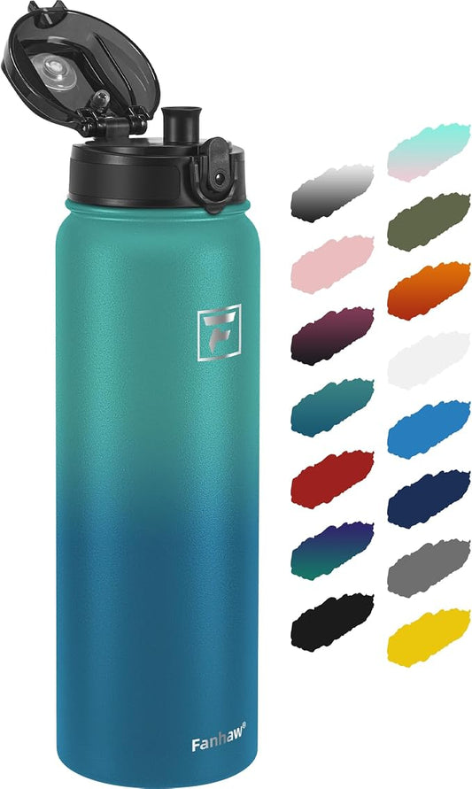 Fanhaw 32 oz Insulated Stainless Steel Water Bottle with Anti-Dust Chug Lid, Leakproof Vacuum Sports Bottle for Kids, Teens & Adults, Back to School Essentials (Green Blue)