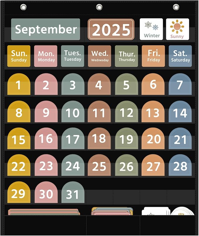REGELETO Large Boho Calendar Pocket Chart with 96 Cards for Classroom, Size:32.25 x 24.125 inch Black Monthly Calendar and Weather Pocket Chart for Student Learning for Home or School.