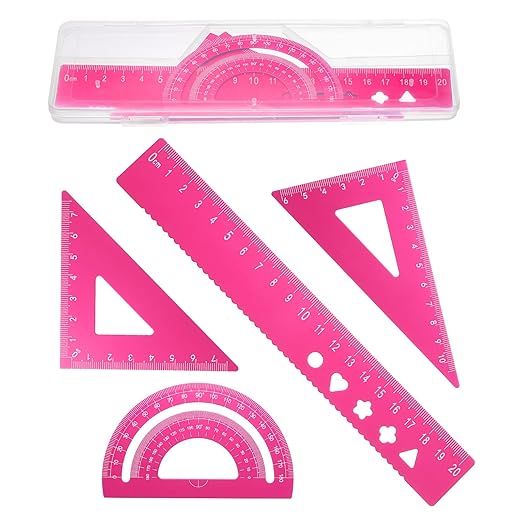 PATIKIL 4 Pcs Geometry Drafting Tool, Aluminum Alloy Geometry Kit Math Tool Includes 20cm L Ruler Protractor Triangles for Drafting Angle Measure Simple Science Experiment, Pink
