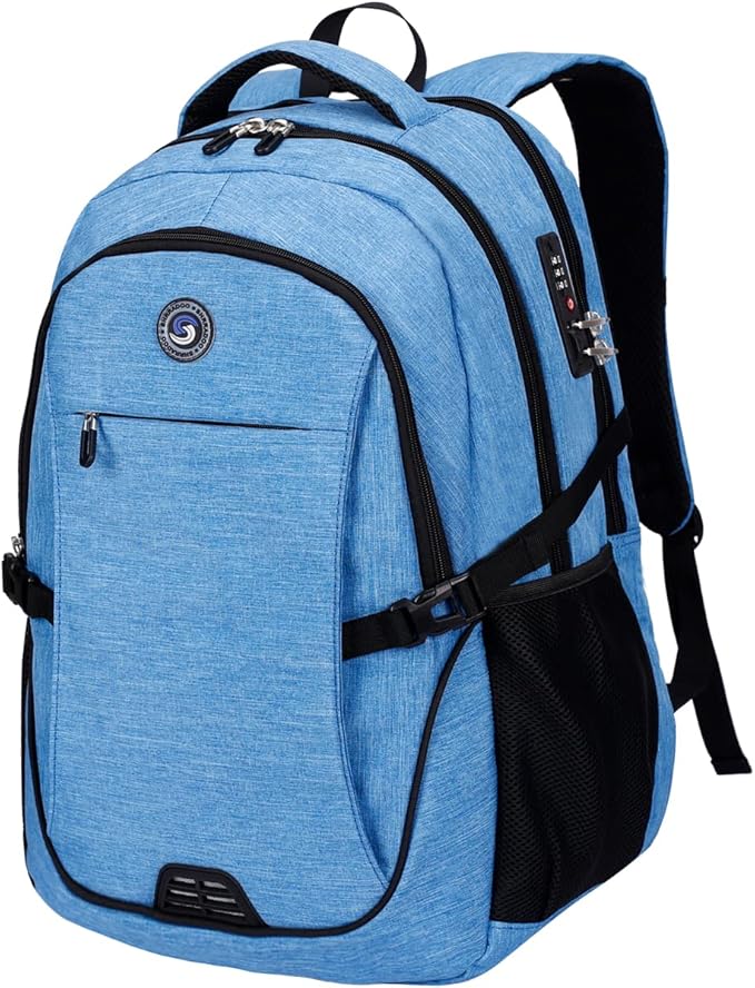 SHRRADOO Anti Theft Laptop Backpack Travel Backpacks with Combination Lock for Women Men College Backpack Computer Bag Fits 17 Inch Laptop,Sky Blue