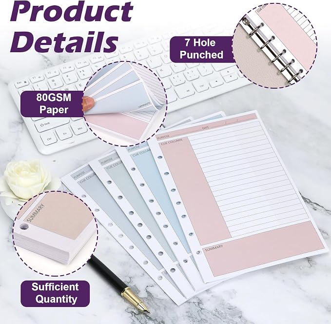 100 Sheet 7-Hole 5.5" x 8.5" Lined Filler Paper for 3 or 7 Ring Binder College Ruled Cornell Notes Loose Leaf Paper for Mini Binders Half Letter Planner Refill Mini Binder Inserts for School Office