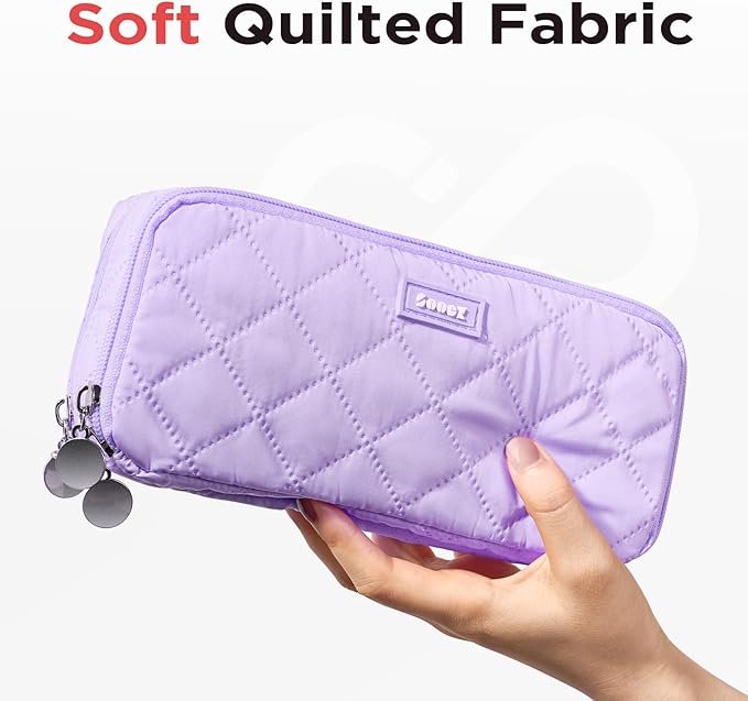 Sooez Large Pencil Case Pouch, Extra Big Pencil Bag with 8 Compartments, Pen Bag Wide Opening, Soft Quilted Pencil Pouch Organizer with Zipper, Portable Pencil Case for Teen Girls, Purple