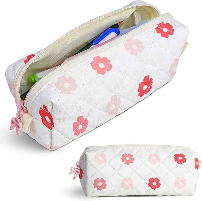 Cute Quilted Pencil Case for Girls Women, Aesthetic Small Floral Pencil Pouch,Slim Soft Pencil Bag for School Supplies Makeup Pouch for School & Daily Use (Big Pink Floral)