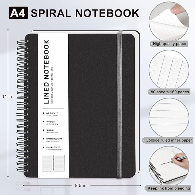 ABERLLS Lined Spiral Journal Notebook with 160 Pages, 8.5×11in, A4 Spiral Notebook, Journaling Notebooks for Work, School, Women, Men, College Ruled Spiral Notebook, Hardcover Leather Journals, Black