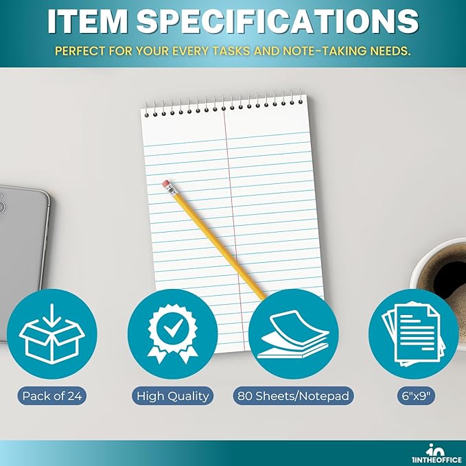 1InTheOffice Steno Pads Spiral 6x9, Steno Note Pads, Spiral Steno Pads, Gregg Ruled, 80 Sheets/Pack, White, 24 Pack