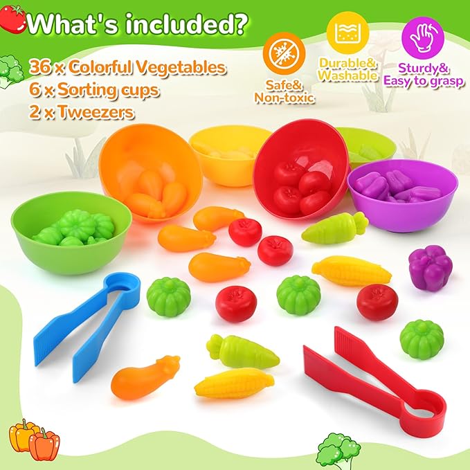 USATDD Counting Vegetables Color Sorting Matching Games with Bowls Preschool Learning Activities Sensory Toys Montessori Toys Easter Basket Stuffers Gifts for Toddlers Kids Boys Girls Aged 3-5