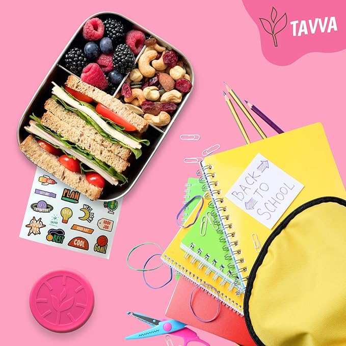 TAVVA 2-Container Lunch System Ages 6-9 - 27oz Organized Stainless Steel Bento Box for Kids with 100% Steel Lid (Dry Foods) + 1.7 Sealed Cup (All Wet Items) - Easy-Clean Design - Dishwasher Safe