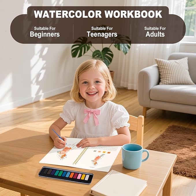 Metyond Watercolor Workbook - Watercolor Coloring Book with 1 Workbook 12 Colors Paint Set with Brush, Beginner Friendly Watercolor Workbooks Set Gift for Adults Teens (Birds)