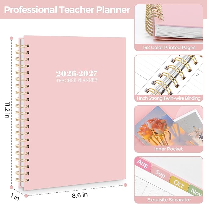 SKYDUE Teacher Planner 2026-2027 Academic Year, 8.5" x 11" Teacher Lesson Planner with Monthly Tabs & Stickers, Lesson Plan Book 26-27, Pink