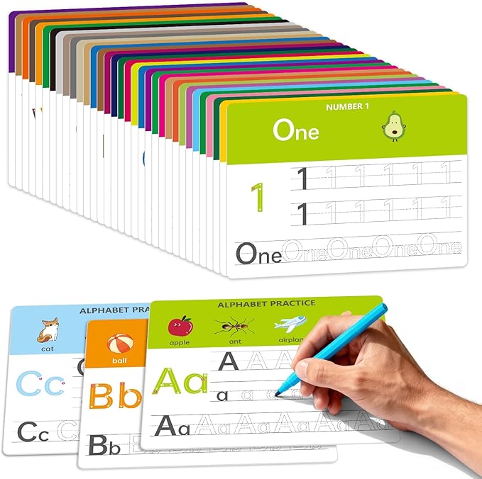 Dry Erase Alphabet & Number Practice Boards for Kids – A-Z Letters & Numbers 1-10, 18 Double-Sided Reusable Sheets (36 Pages), 11x8.5, Preschool, Kindergarten & Homeschool Writing Practice Tool