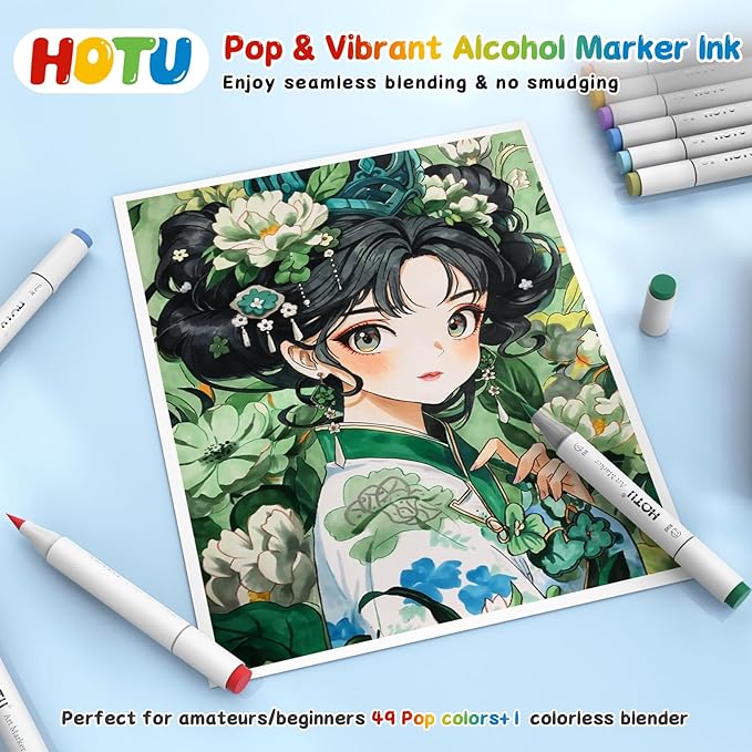 HOTU Alcohol Markers Brush Tip -50 Colors Brush & Fine Dual Tip Art Markers for Adult Coloring Books, Refillable Alcohol Based Marker Set with Anti-Bleeding Pad, Case & Swatch for Artists, Beginners