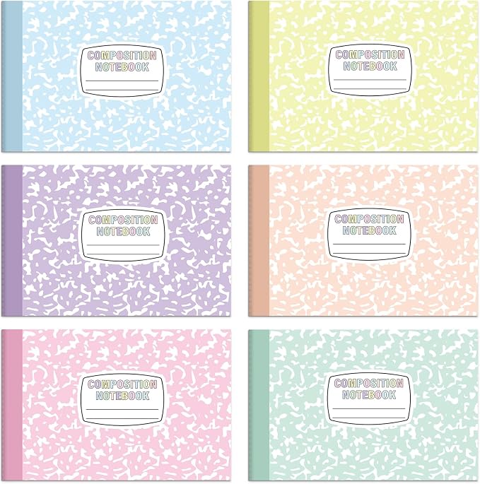 6 Pack Half Size Composition Notebooks Wide Ruled Marble Journal, Pastel