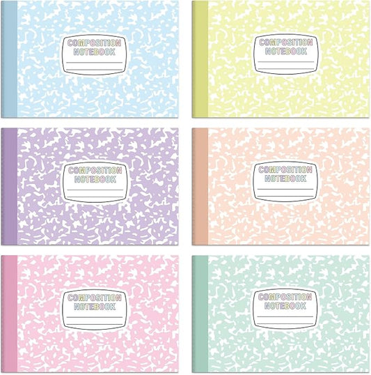 6 Pack Half Size Composition Notebooks Wide Ruled Marble Journal, Pastel