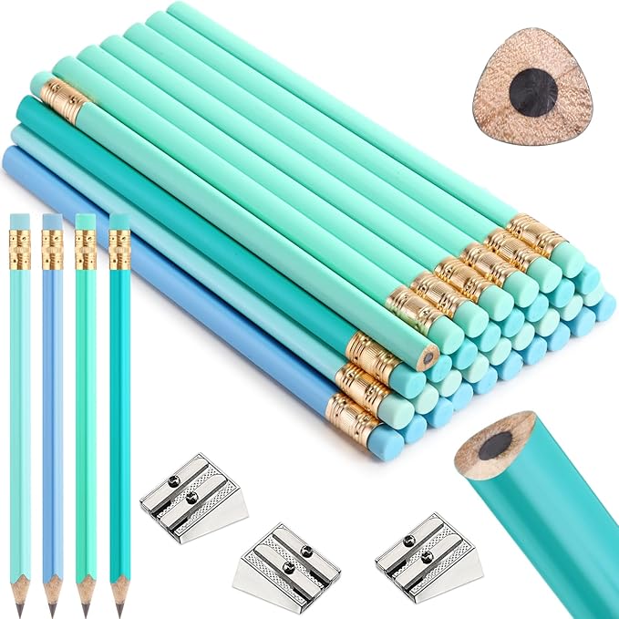 Fainne 48 Pcs Fat Pencils Jumbo Big Thick Large Pencils and 3 Pieces Sharpeners for Kids Beginners Preschoolers Kindergarten School Office Supplies(Turquoise Blue Series,Triangle)