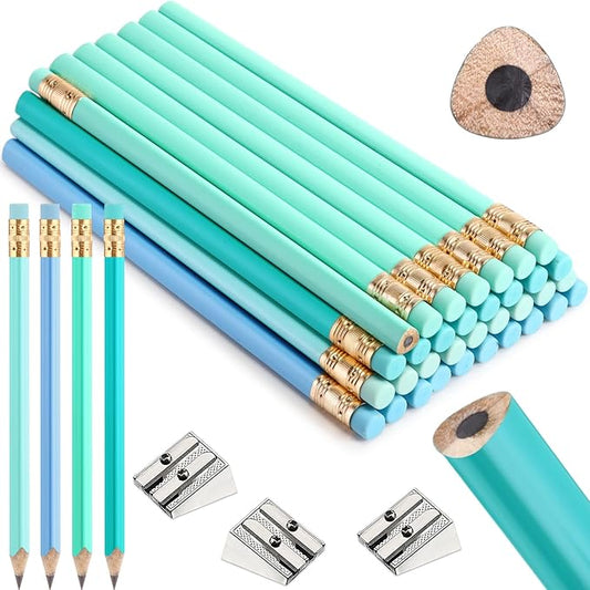 Fainne 48 Pcs Fat Pencils Jumbo Big Thick Large Pencils and 3 Pieces Sharpeners for Kids Beginners Preschoolers Kindergarten School Office Supplies(Turquoise Blue Series,Triangle)