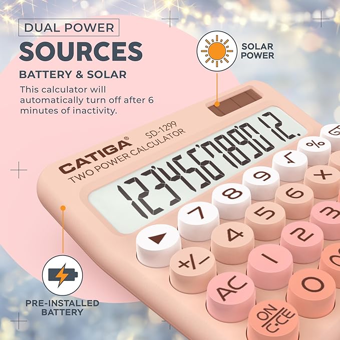 CATIGA Mechanical Switch Calculator with Solar and Battery Dual Power, 12-Digit Large LCD Display, Aesthetic and Cute Desktop Calculator with Big Button, for Home, School and Office Use, SD-1299