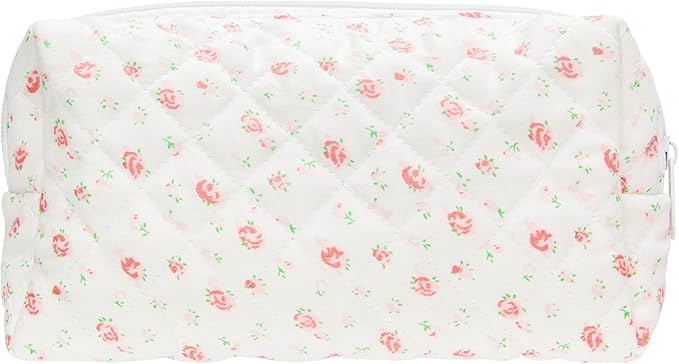 PAZIMIIK Vintage Quilted Makeup Bag Cosmetic Pouch for Brushes Pencils and Travel Make Up Accessories for Women and Girls Gauze Rose