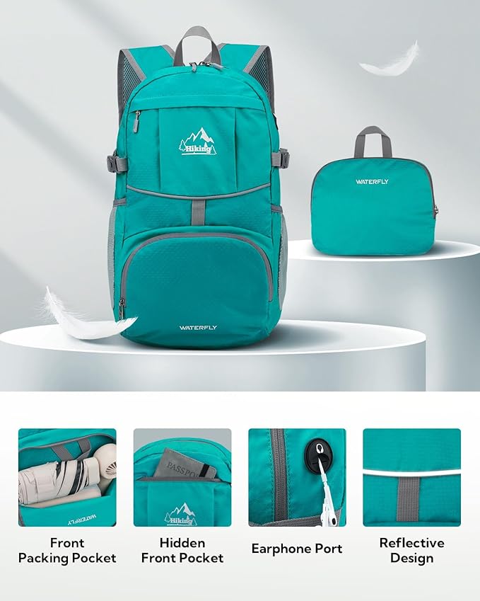 WATERFLY Hiking Packable Daypack Backpack: 25L Ultra Lightweight Day Pack for Women Men - Small Compact Folding Back Pack for Outdoor Sport Cycling Camping Travel Trip - Turquoise