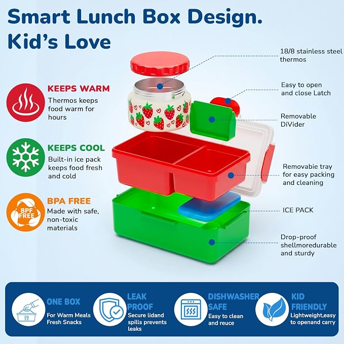 Bento Lunch Box for Kids–3 Compartment Leak Proof Insulated Lunch Container | Strawberry Design Lunch Box-With 12oz Stainless Steel Food Soup Jar & Built-in Ice Pack Bento Box for Boy Girls School Travel