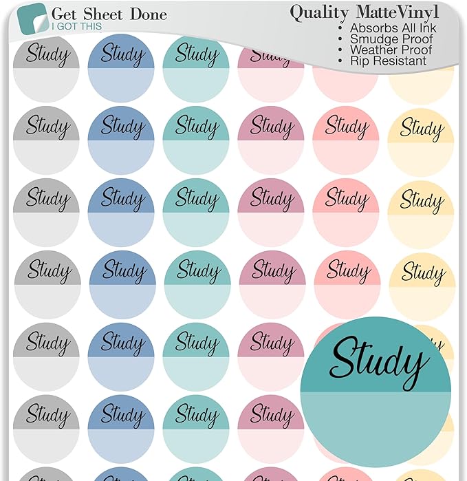 Student Planner Stickers / 48 Vinyl Decal (1/2”) - School College Academic Teacher Planner - Educational Stickers Planner/Essential Productivity Life Planner Stickers (Study, 1 Sheet)
