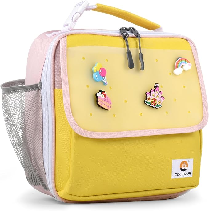 CaCTOUR Lunch Box Kids,Fun Color Lunch Box for Girls,Large Soft Cooler Lunch Bag for Kids,Back to School Thermal Insulated Lunch Tote Bag for School Daycare Outdoor (Yellow Pink)