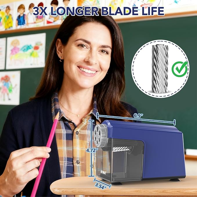 AFMAT Electric Pencil Sharpener for Classroom, 6 Holes, Cordless & Rechargeable, Super Fast, Auto Stop, 10K+ Uses, Heavy Duty Pencil Sharpener for 6-11mm No.2/Large/Colored Pencils PSD4(Blue)