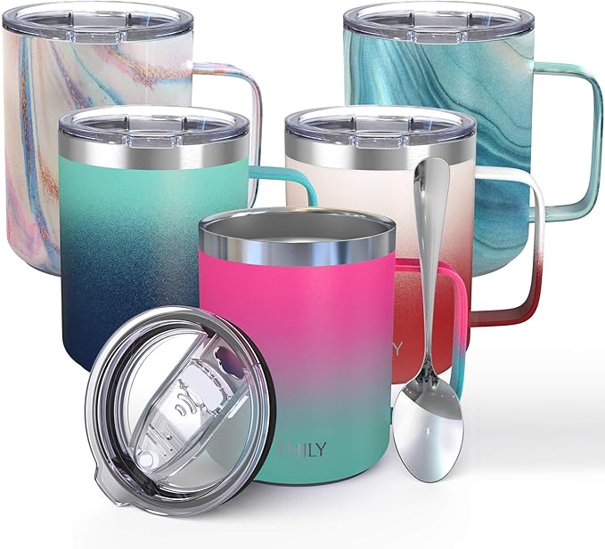 THILY Stainless Steel Insulated Travel Mug 12 oz Vacuum Insulated Coffee Cup with Handle, Spill-proof Lid, Keep Coffee Cold or Hot Hours, Pink & Green