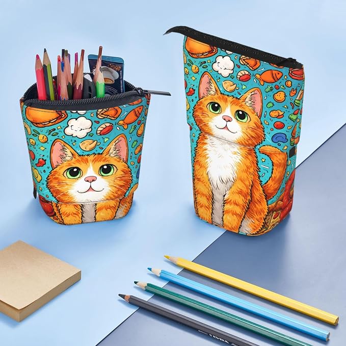 Cat Standing Pencil Case Cute Telescopic Stationary Pouch with Zipper Large Capacity Stand up Pen Bag Portable Makeup Holder for School Office Supplies