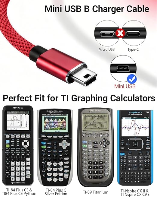 USB Power & Data Cable for TI-84 Plus CE Graphing Calculators, Mini-USB Charging Cord 3.3FT, Nylon Braided, Red