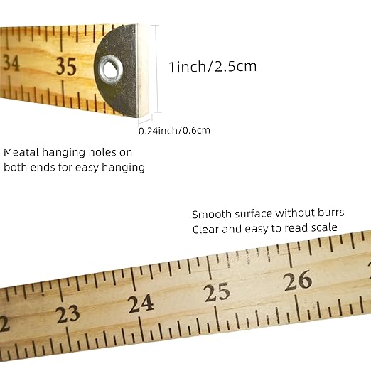 3 Pack Wooden Ruler,Natural Wood Stick Ruler with Hang Hole Metal Tips, 36 Inches Yardstick Meter Stick for Classroom,School,Clothing Measuring, Office,Engineers, Architects