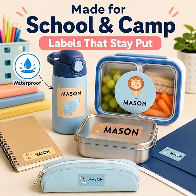 Andaz Press Custom Personalized Waterproof School Name Labels, Safari Animals, 120-Pack, Kids Labels Combo Pack, Customizable Multi-Use Name Stickers for Preschool, Daycare, Supplies, Office, Camping