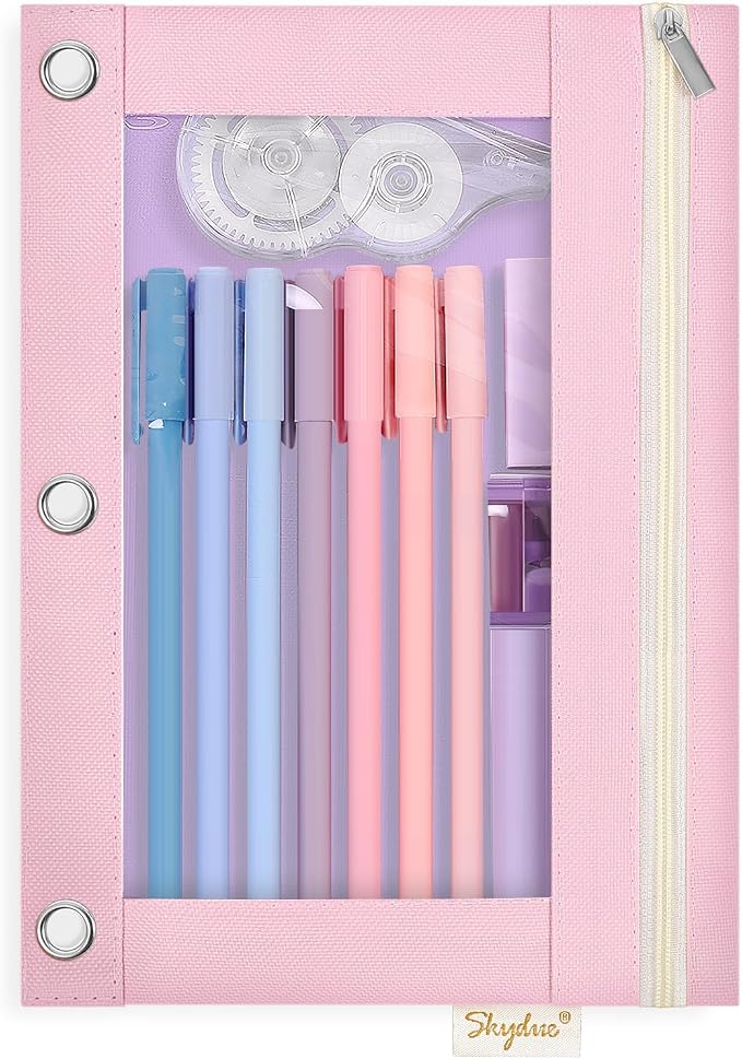 SKYDUE Pencil Pouch for 3 Ring Binder, 9.8" x 7.3" Clear Window Pencil Bag | Zipper Pencil Pouches for Girls Boys, Pink Pencil Pouch with 3 Reinforced Grommets, Durable Organizer for School Supplies
