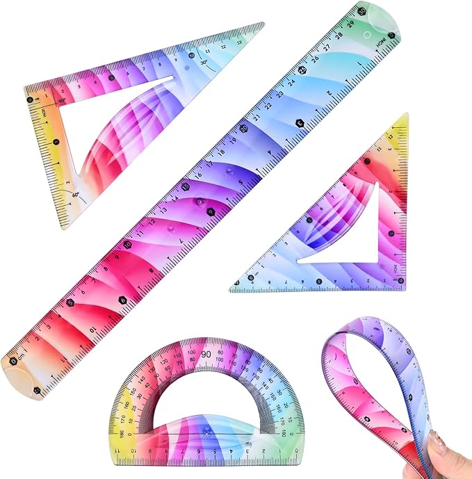 4 Pcs Flexible Rulers Set, Colorful Geometry Kit, Plastic Bendable Shatterproof Soft Rulers, Clear Ruler 30 cm/ 12 Inch, Triangle Rulers and Protractor for Back to School Supplies (12 Inch)