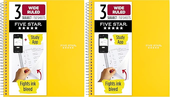 Five Star Spiral Notebook, 3 Subject, Wide Ruled, 150 Sheets | 10-1/2" x 8" Size | Harvest Yellow | Pack of 2 | Study App