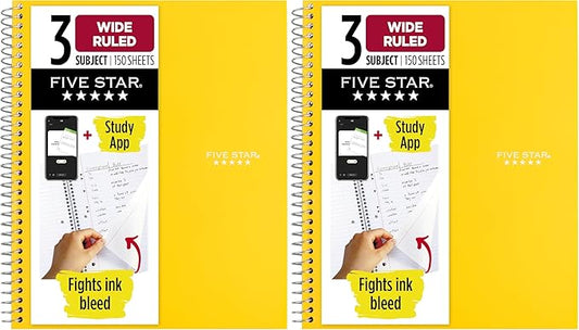 Five Star Spiral Notebook, 3 Subject, Wide Ruled, 150 Sheets | 10-1/2" x 8" Size | Harvest Yellow | Pack of 2 | Study App