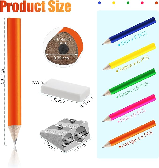 Qilery 30 Pcs Back to School Gift Supplies Short Triangular Fat Pencils Bulk Wood Triangular Jumbo Pencil for Toddler Preschoolers Beginners with Pencil Sharpener and 2 Erasers