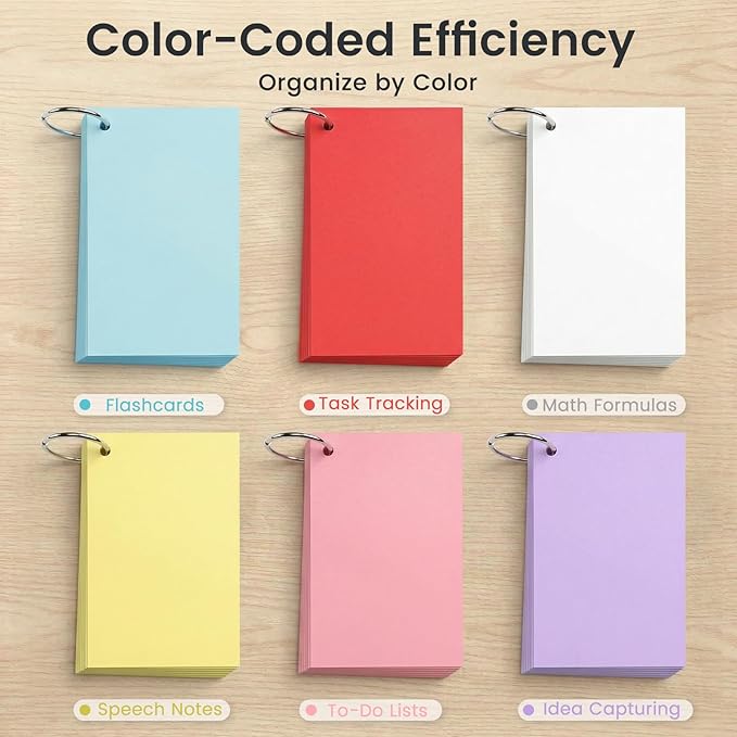 BOOKNOW Index Cards 3x5, Flash Cards with Ring, 260PCS Colored Notecards for Studying, Portable Notecards Note Taking for Students, Teachers, Office Home School, 6 Colors