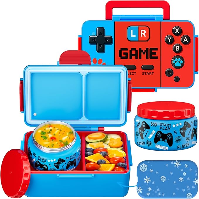 Game Kids Bento Lunch Box – 12 oz Stainless‑Steel Soup Thermo & 3‑Compartment Leak‑Proof Food Container with Built‑In Ice Pack, Insulated Food Jar for Boys & Girls, School & Travel