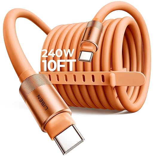 LISEN 10FT USB C Cable Fast Charging, Chubby 240W Cable USB C to USB C Fast Charging Soft Silicone USBC to USBC Parallel Cable for iPhone 17 Pro Max 16 15 Samsung S25 Ultra MacBook Pro Air iPad Orange