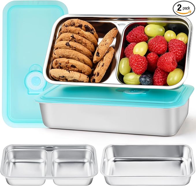 YQL 2 Pack Stainless Steel Food Containers with Lids, Double & Single Compartment Snack Boxes for Kids, Leakproof Reusable Bento Box for Lunch Prep, Travel, School, Camping
