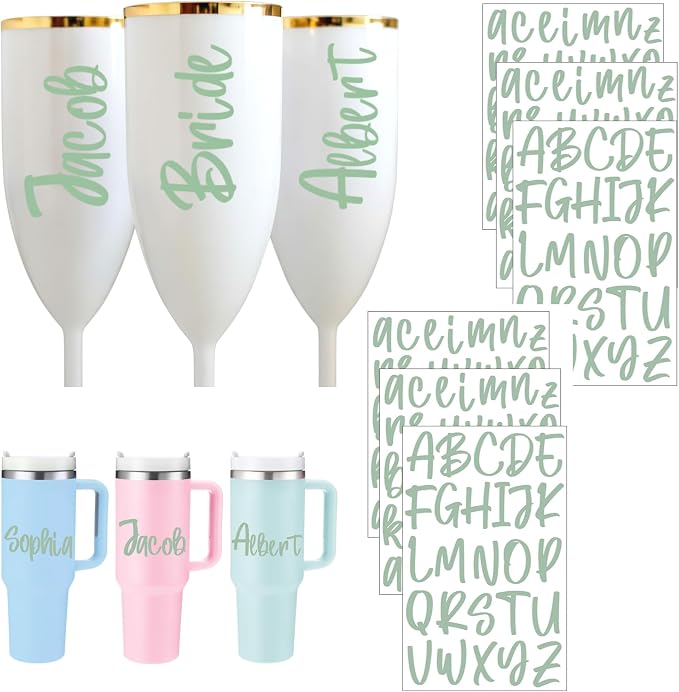 UV DTF Cup Wrap Letter Stickers Vinyl Decals,Sage Green,6 Sheets | Personalized Name Stickers for Water Bottles Tumblers, Waterproof UV DTF Alphabet A-Z Stickers for 14-45oz Mugs DIY Craft