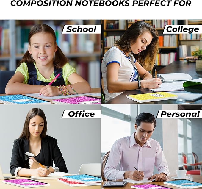 Rosmonde 5 Pack Composition Notebook Wide Ruled, 200 Pages (100 Sheets), 9-3/4x7-1/2, Notebooks for Work, Back to School Supplies, Hard Cover Composition Books, Notebooks for Women, Colors May Repeat