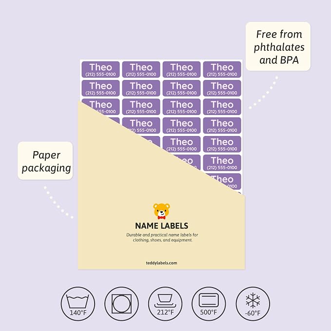 TeddyLabels - Clothing Labels for Nursing Home (60) – Self-Adhesive Name Tags for Clothes and Personal Items. Personalized Labels for Daycare, Nursing Homes, and Laundry Use - Purple