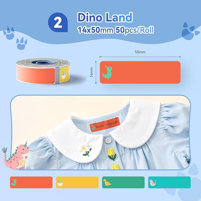 NIIMBOT N1 Iron On Name Tag Sticker, Soft & Washable Name Labels, Perfect for School, Home, Daycare&, Camp, Only for N1 Label Maker (0.55"x1.97", Dinosaur)