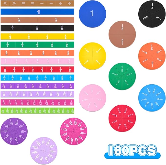 Meetory 180pcs Magnetic Fraction Tiles Circles, Rainbow Math Manipulatives Set for Preschool Elementary School Teacher, Prefect Classroom Learning Tools, Homeschool Supplies