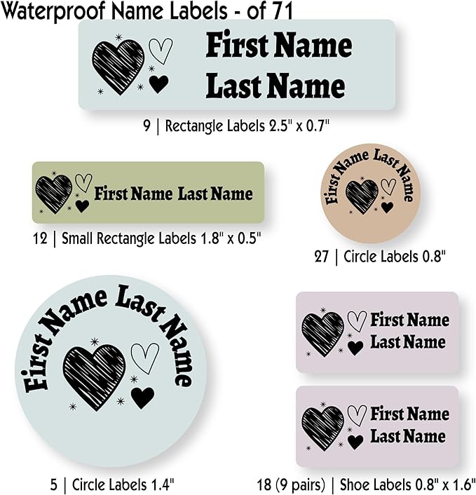 Personalized Kids Name Labels – Waterproof Custom Stickers for Daycare & School, Dishwasher & Laundry Safe (Heart-3)