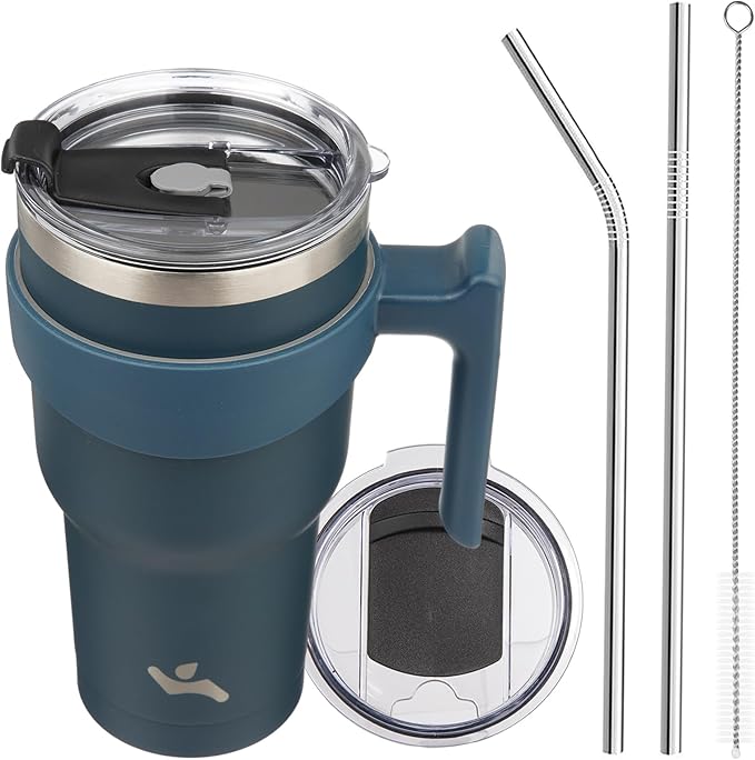 Konokyo 30 oz Tumbler with Handle and 2 Straw 2 Lid, Insulated Water Bottle Stainless Steel Vacuum Cup Reusable Travel Mug, Navy Blue