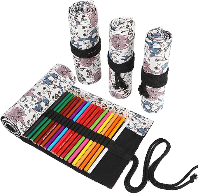 DIYOMR 24/36/72 Slots Pencil Wrap Pencil Rolls, Artist Colored Pencils Roll Up Bag Short Brushes Pouch Case Pencils Organizer for Drawing Coloring and Sketching (Big Headed Cat, 24slots)
