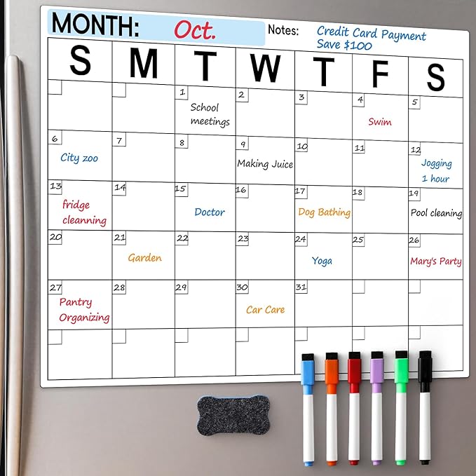 Dry Erase Magnetic Calendar for Refrigerator - Monthly Planner Magnet Whiteboard for Fridge Wall Door - Shopping, Meal/Menu, to Do List, Family Schedule Planning Board with 6 Markers - Black