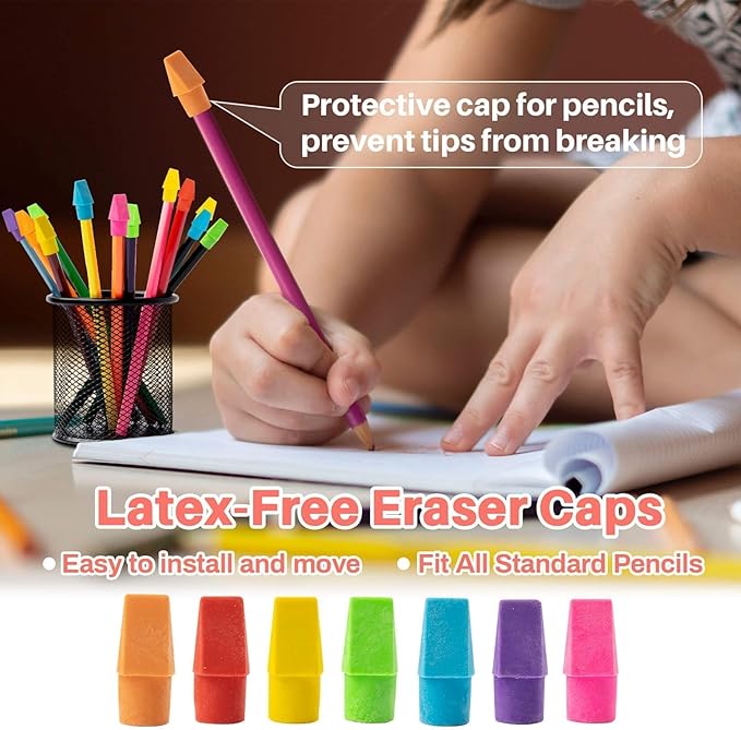 Sukh Cap Erasers for Pencils Pulk - Pencil Top Erasers Cap Erasers Toppers for Latex Free Assorted Colors School Supplies for Teachers Classroom Home and Office (Pack of 100)